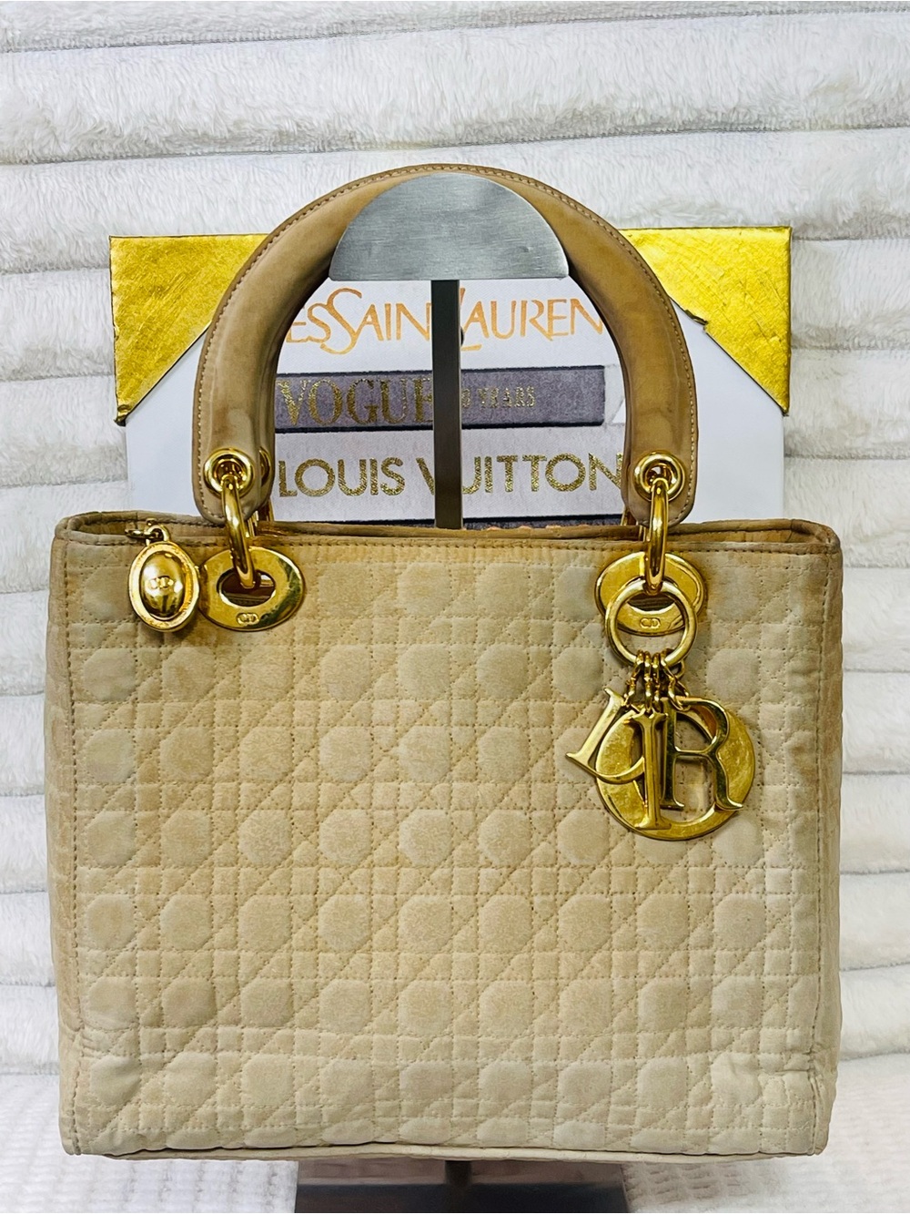 Christian Dior Vintage Lady Dior Bag Cannage Tan Quilted Nylon w/ COA